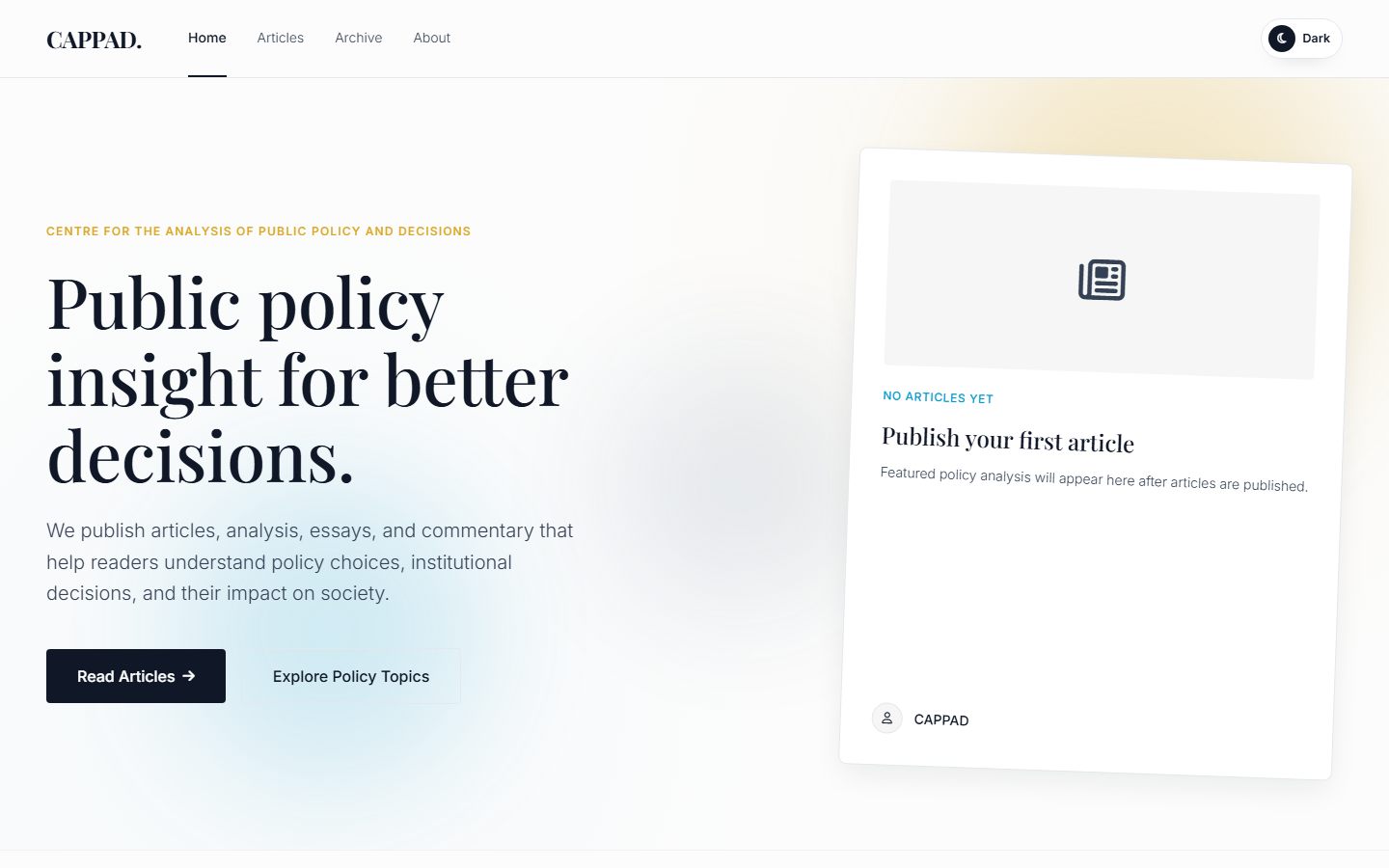 Homepage of CAPPAD — a policy analysis publishing platform with the headline 'Public policy insight for better decisions'