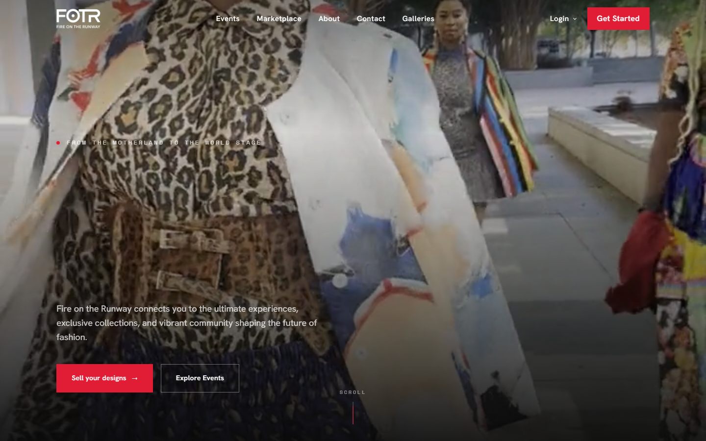 Homepage of Fire on the Runway — a fashion platform showing models on a runway with the tagline 'From the motherland to the world stage'
